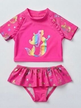 Girls' Pink Mermaid Short-Sleeve Rashguard Bikini Set